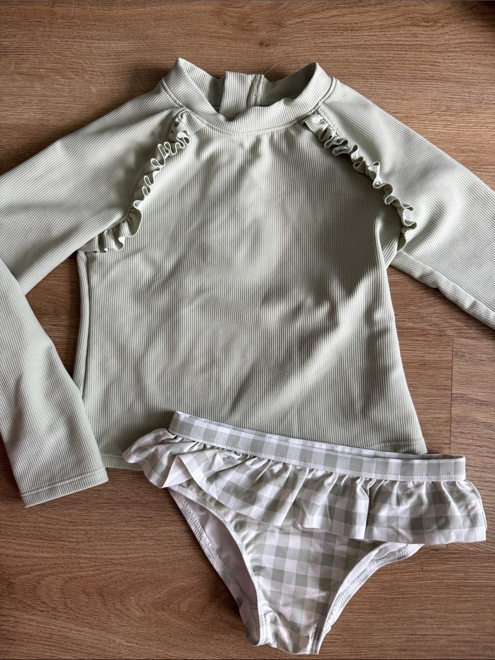 Petit Lem Sage Green Long Sleeve Rashguard with Gingham Ruffle Bottoms